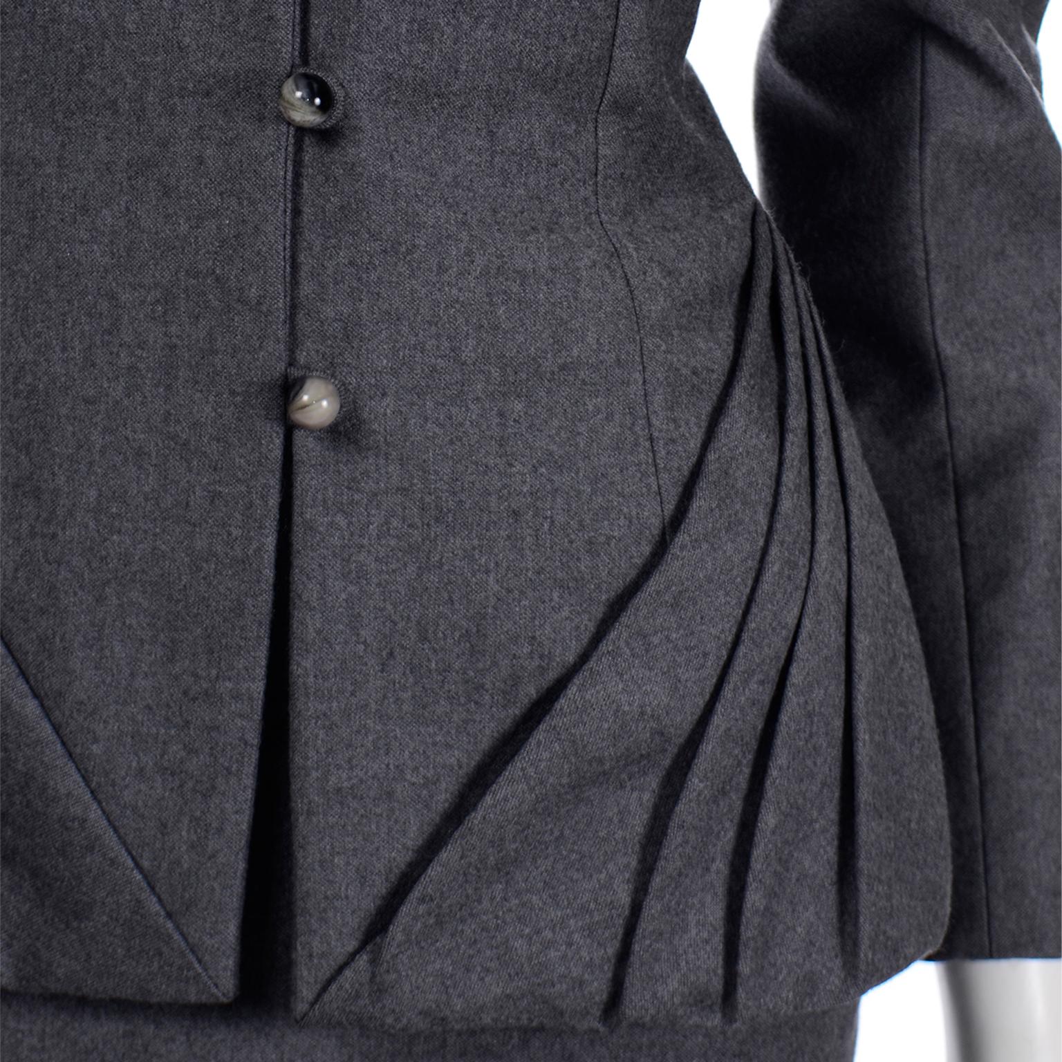 Vintage Grey Wool Bill Blass Unique Pleated Blazer Jacket & Skirt Suit In Excellent Condition In Portland, OR