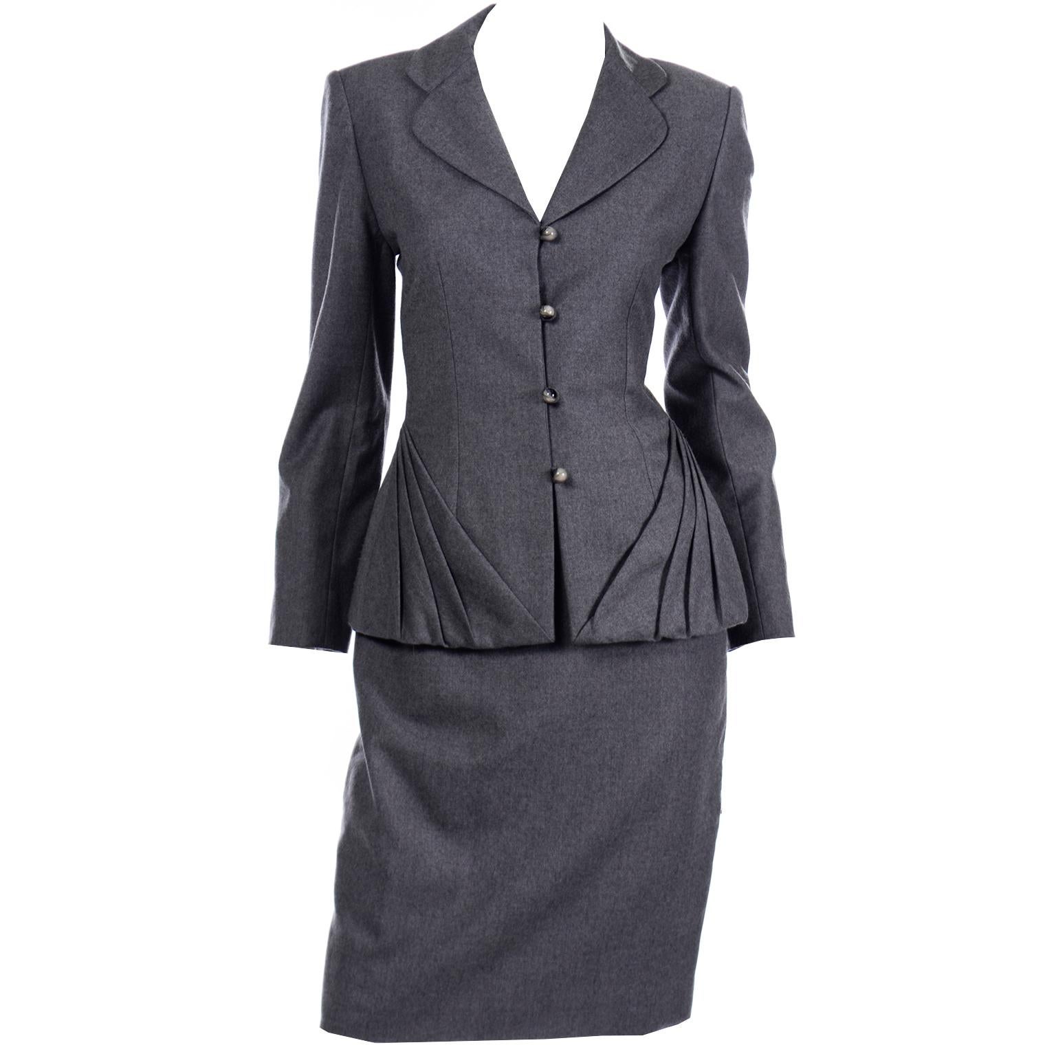 Vintage Grey Wool Bill Blass Unique Pleated Blazer Jacket & Skirt Suit