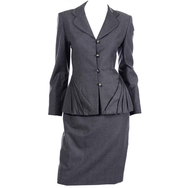 Vintage Grey Wool Bill Blass Unique Pleated Blazer Jacket And Skirt Suit For Sale At 1stdibs