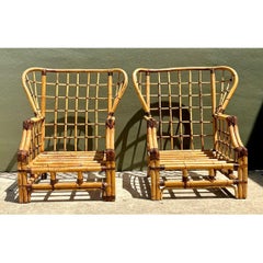 Vintage Grid Rattan High Back Chairs - Pair