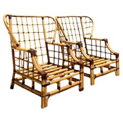 Vintage Grid Rattan High Back Chairs - Pair