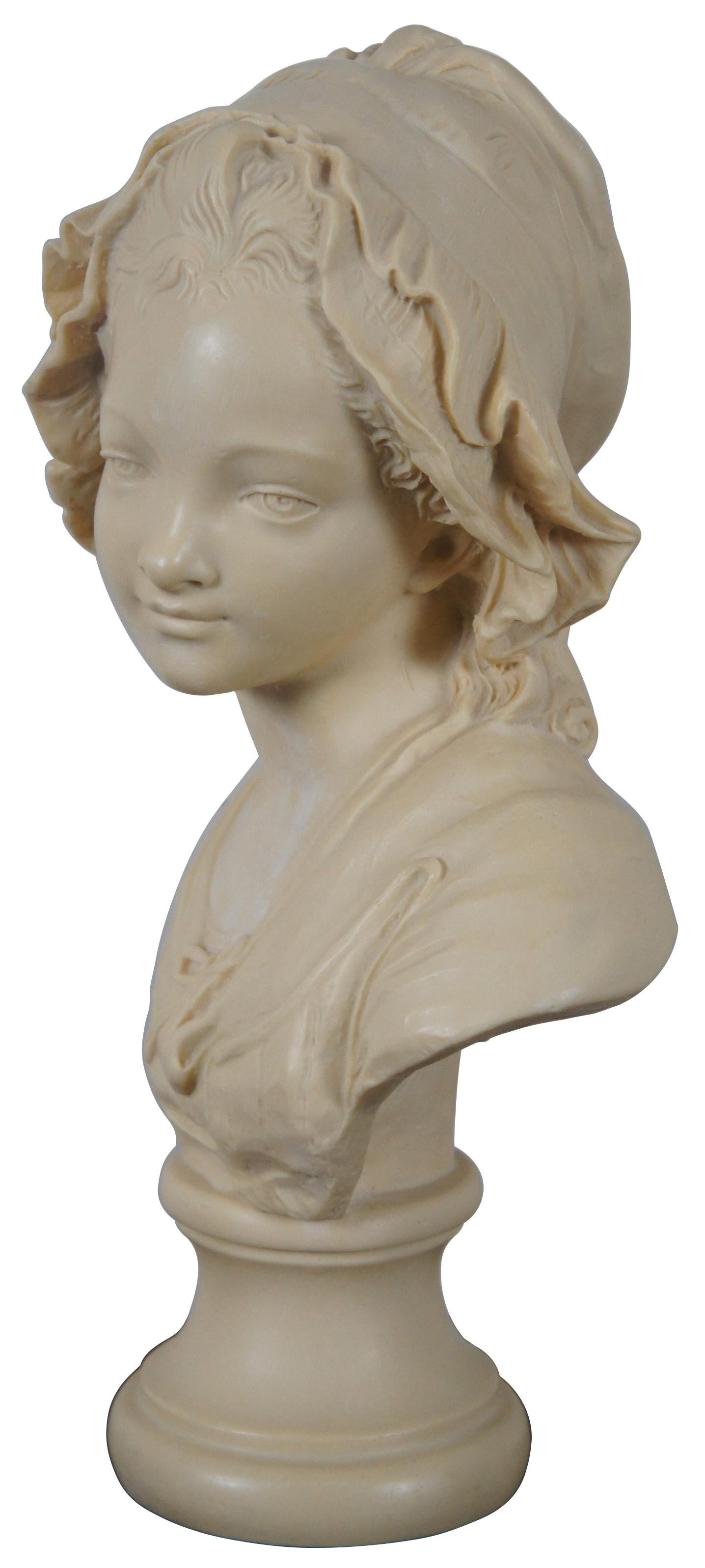 Beautiful bust sculpture of a French peasant girl, signed Grinam Niam Paris along the back shoulder.
  