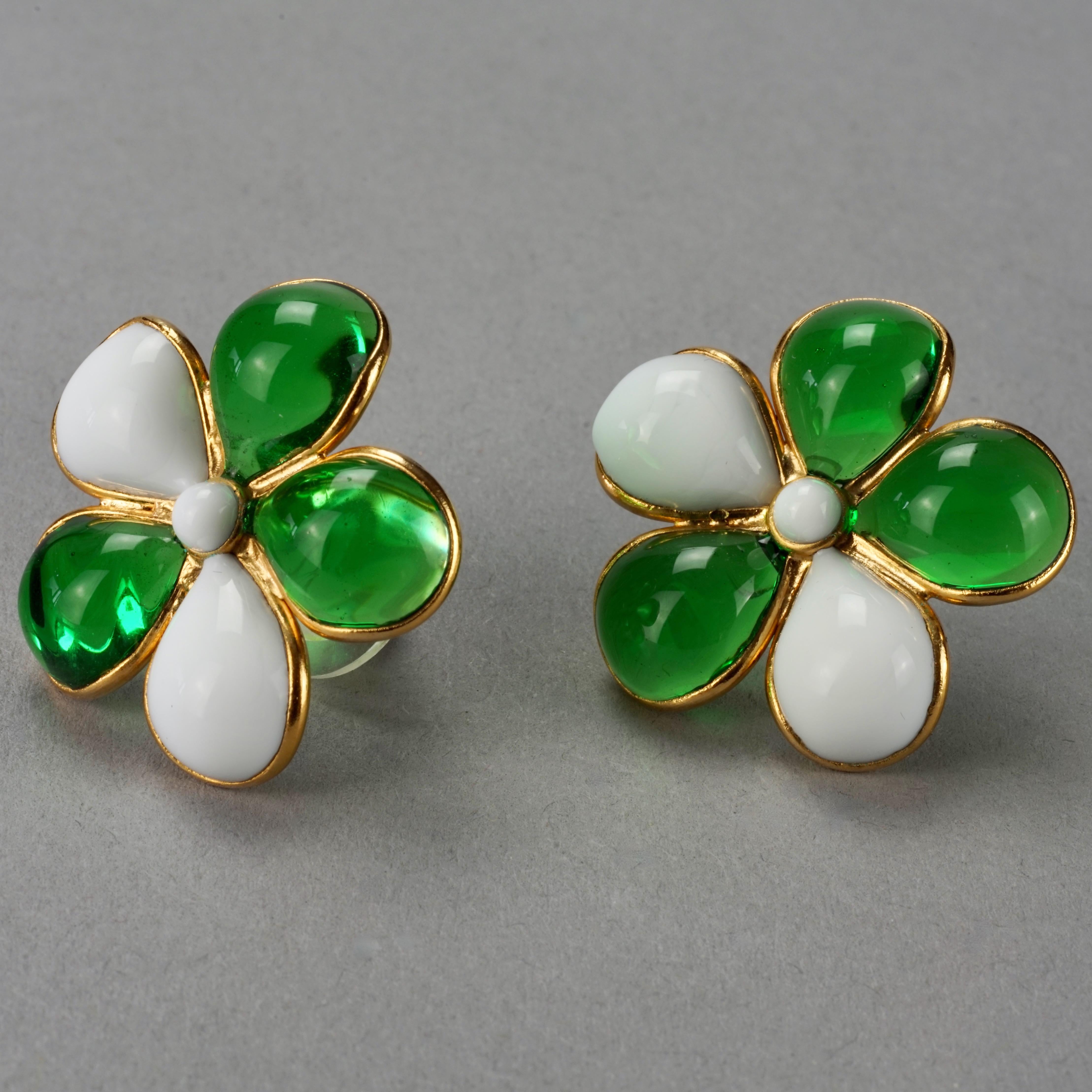 Vintage GRIPOIX Flower Green White Earrings For Sale 1