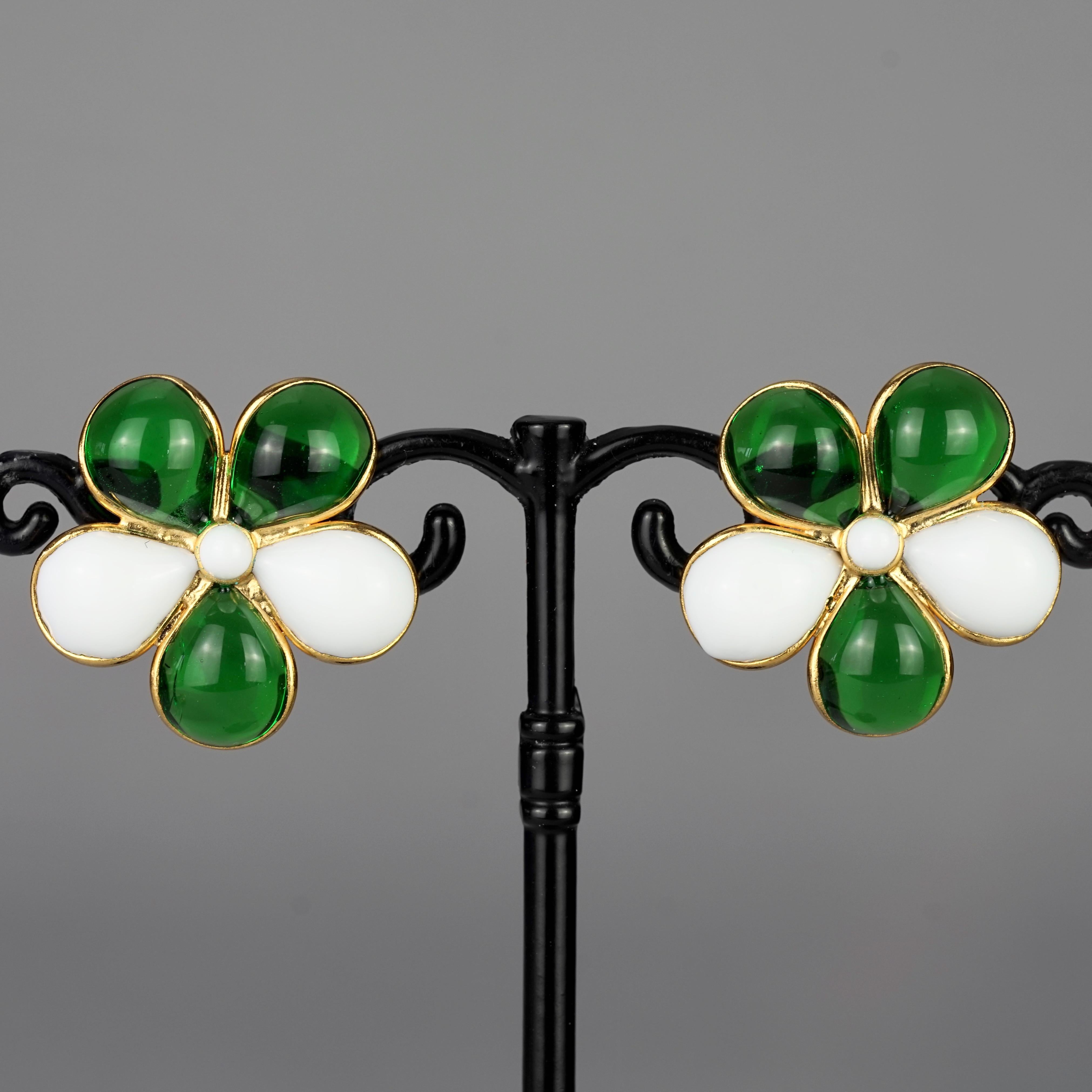 Vintage GRIPOIX Flower Green White Earrings For Sale 2