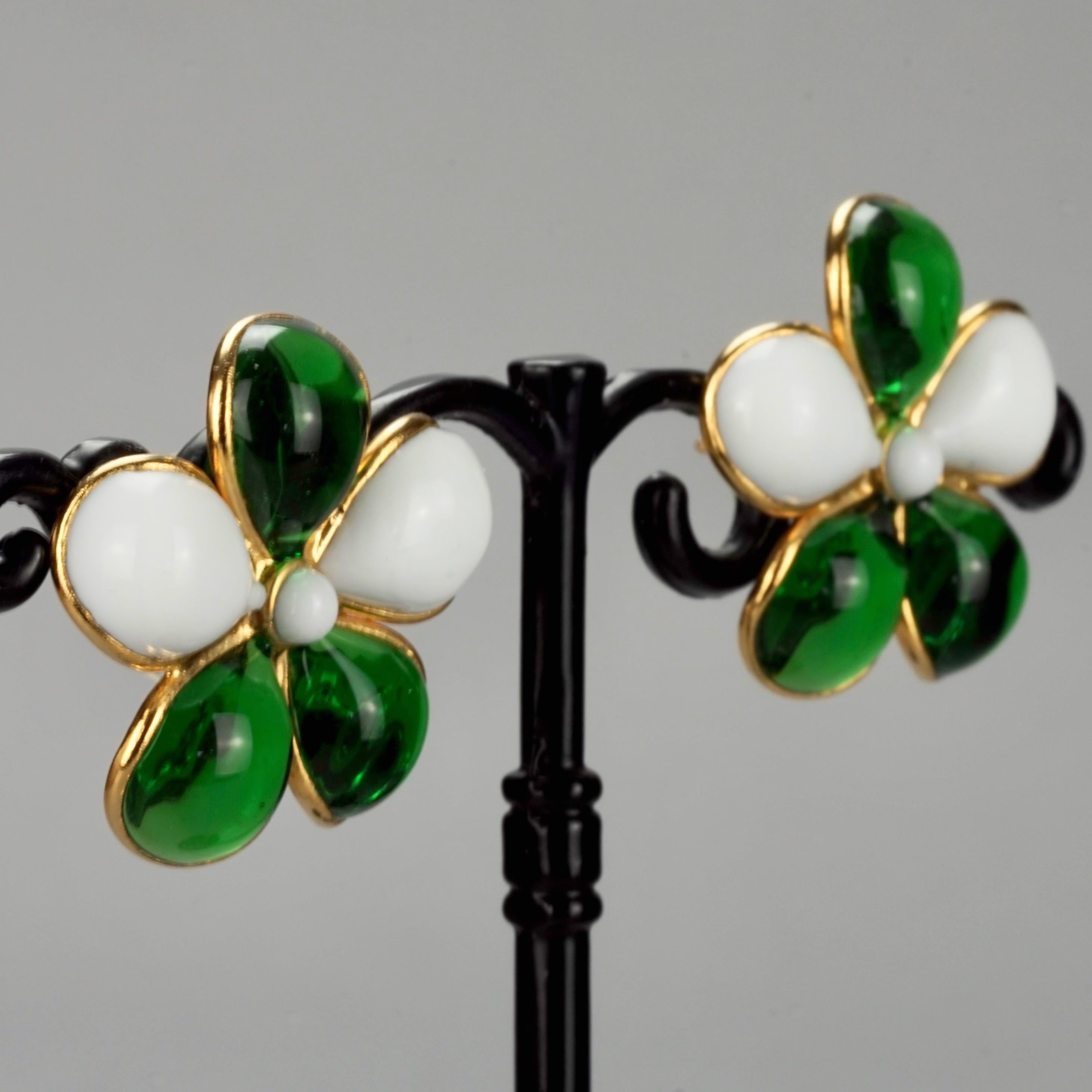 Vintage GRIPOIX Flower Green White Earrings For Sale 4