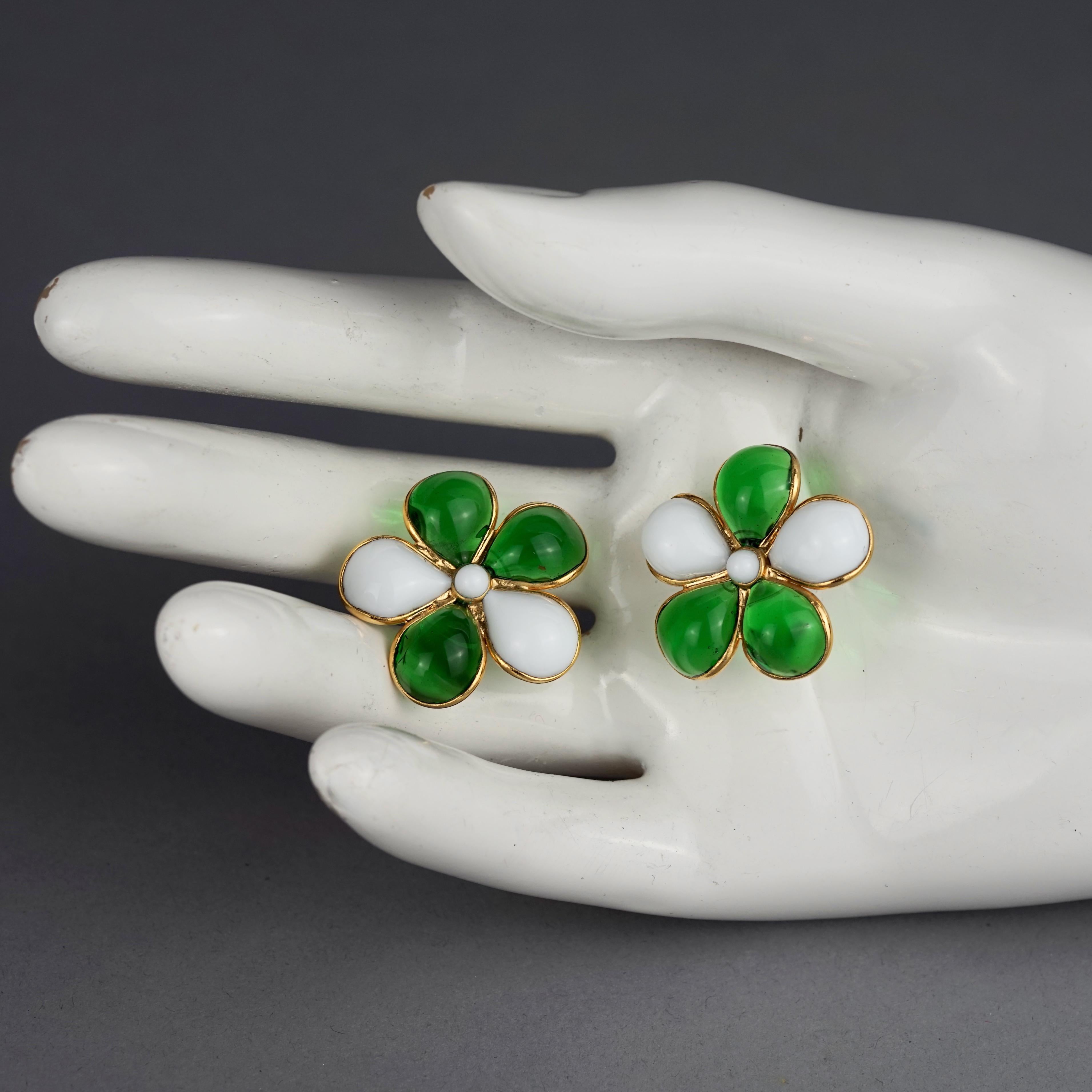 Vintage GRIPOIX Flower Green White Earrings For Sale 5