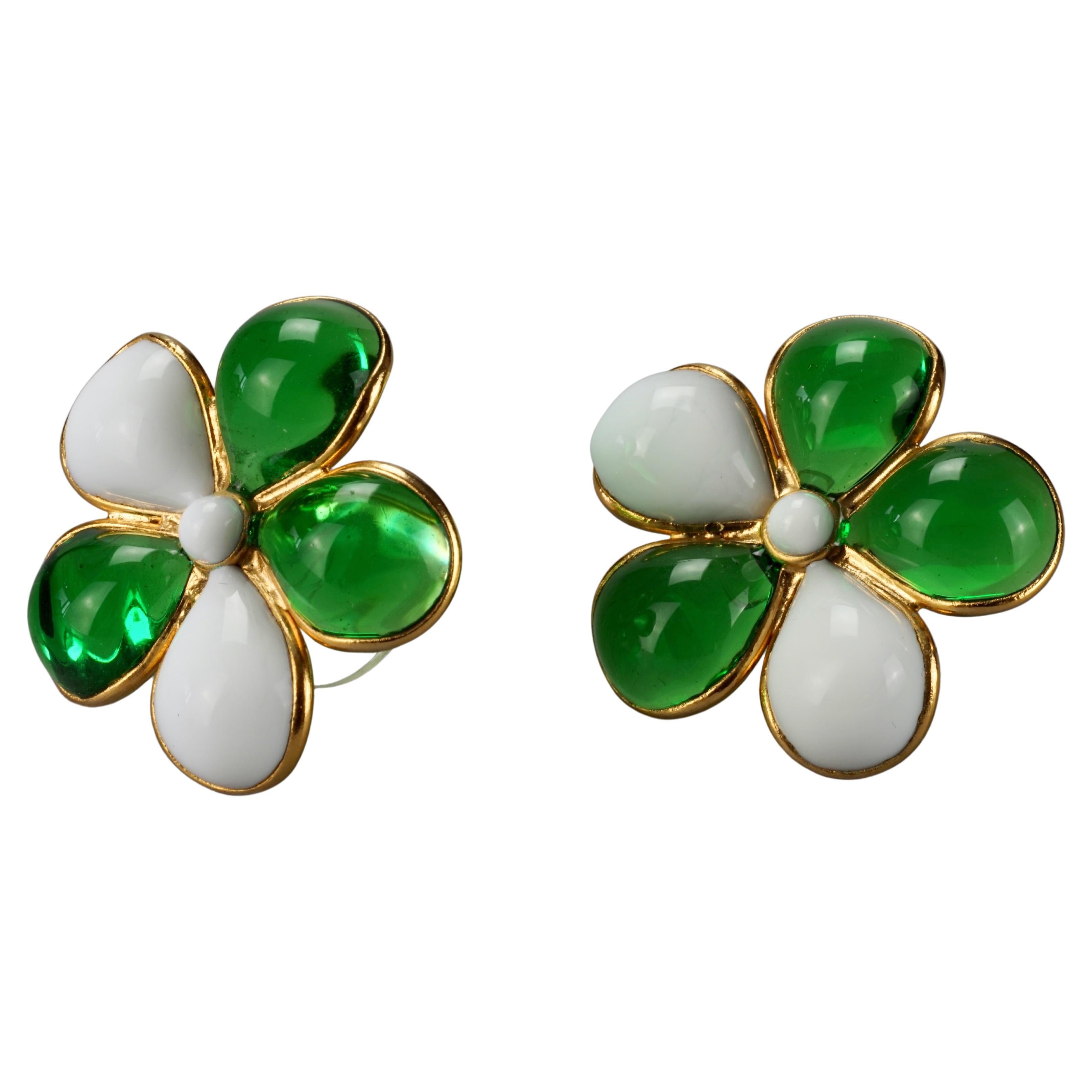 Vintage GRIPOIX Flower Green White Earrings For Sale