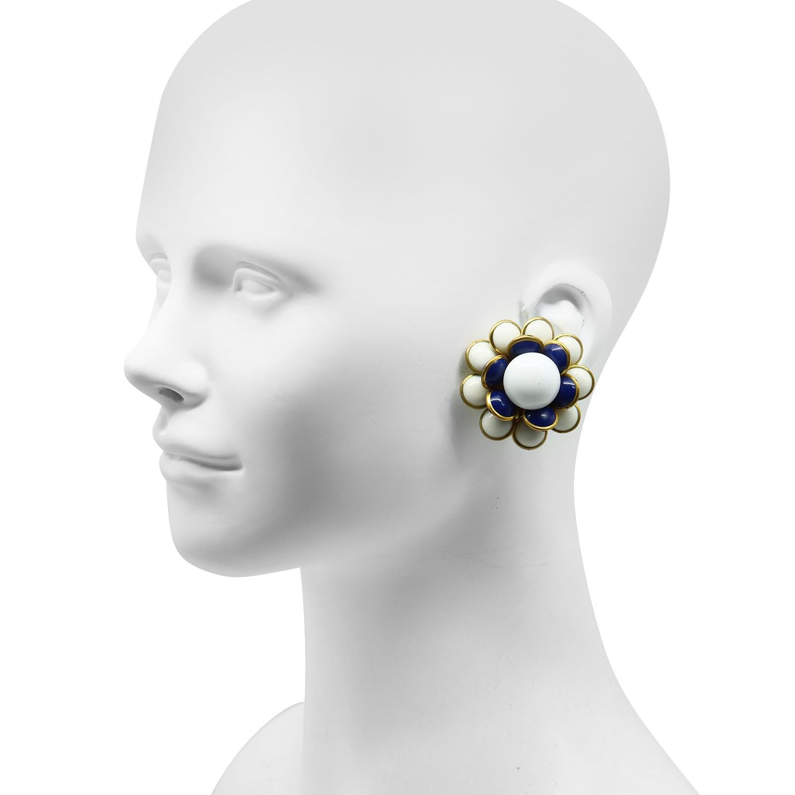 Artist Vintage Gripoix Navy, White and Gold Flower Earrings