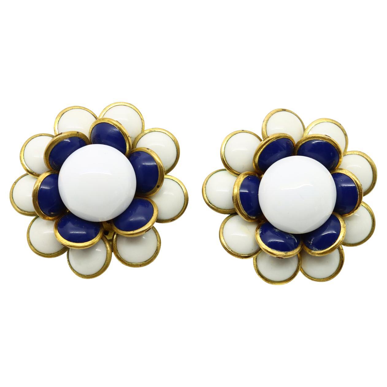 Vintage Gripoix Navy, White and Gold Flower Earrings In Good Condition In New York, NY