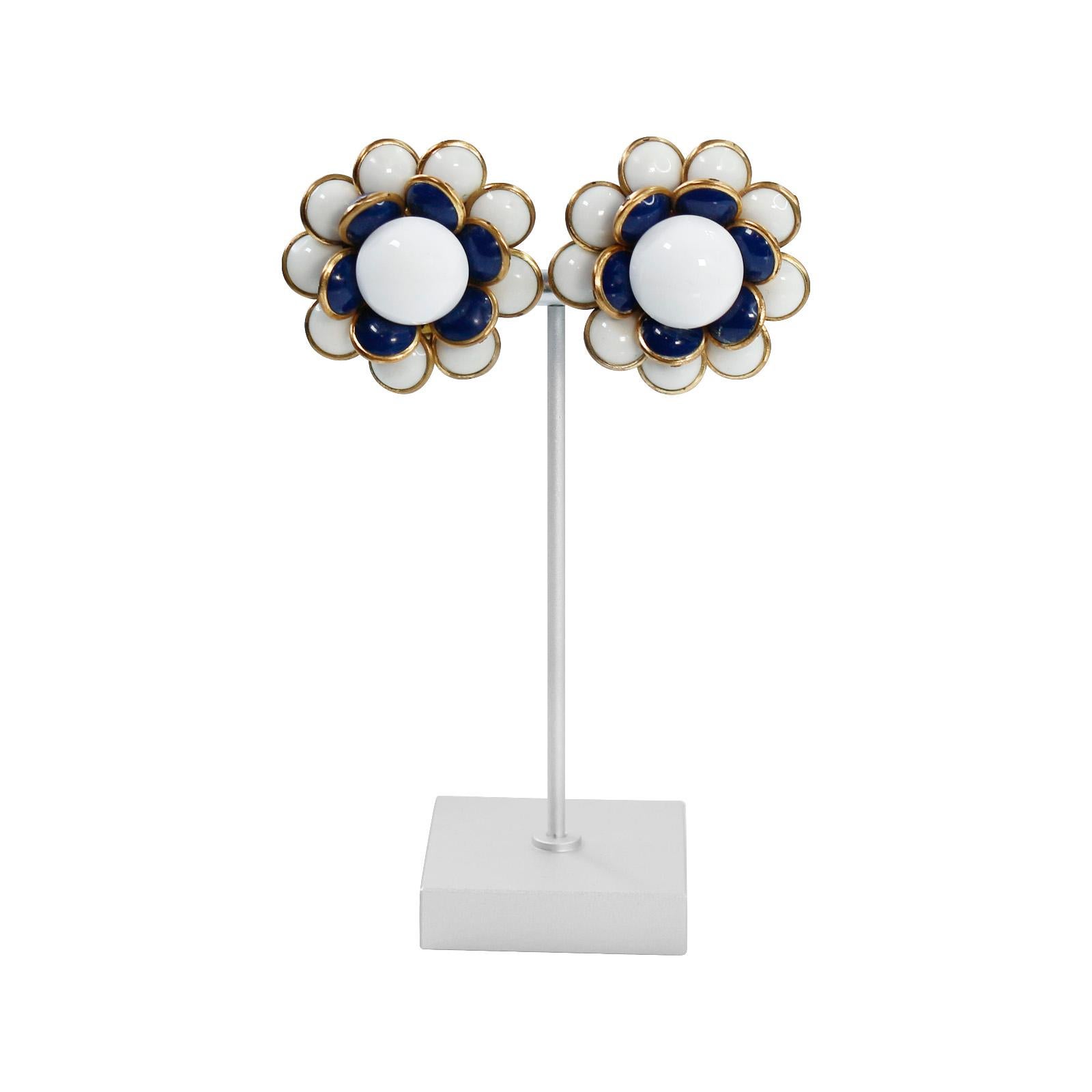 Women's Vintage Gripoix Navy, White and Gold Flower Earrings