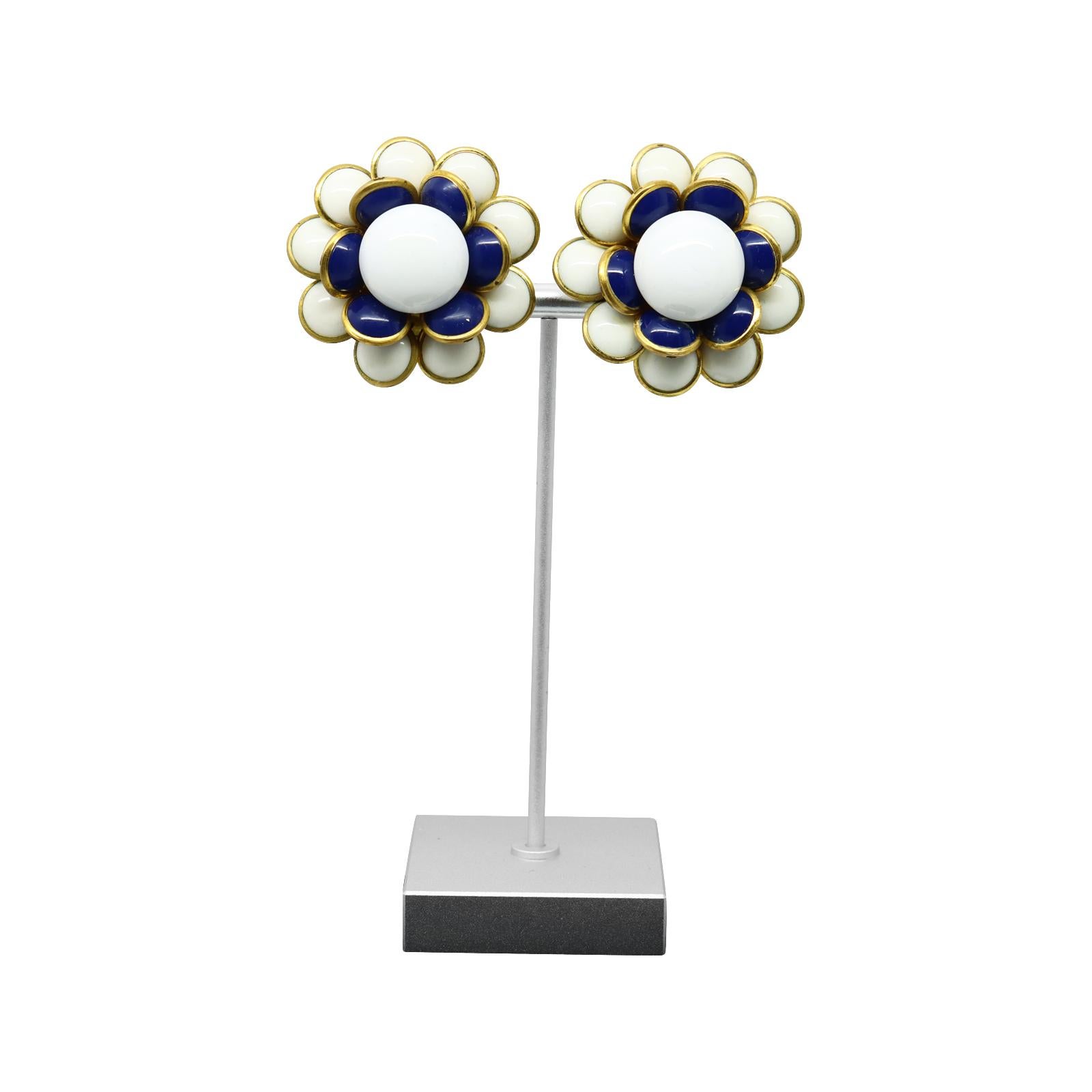 Vintage Gripoix Navy, White and Gold Flower Earrings 1