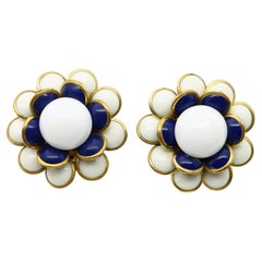 Vintage Gripoix Navy, White and Gold Flower Earrings