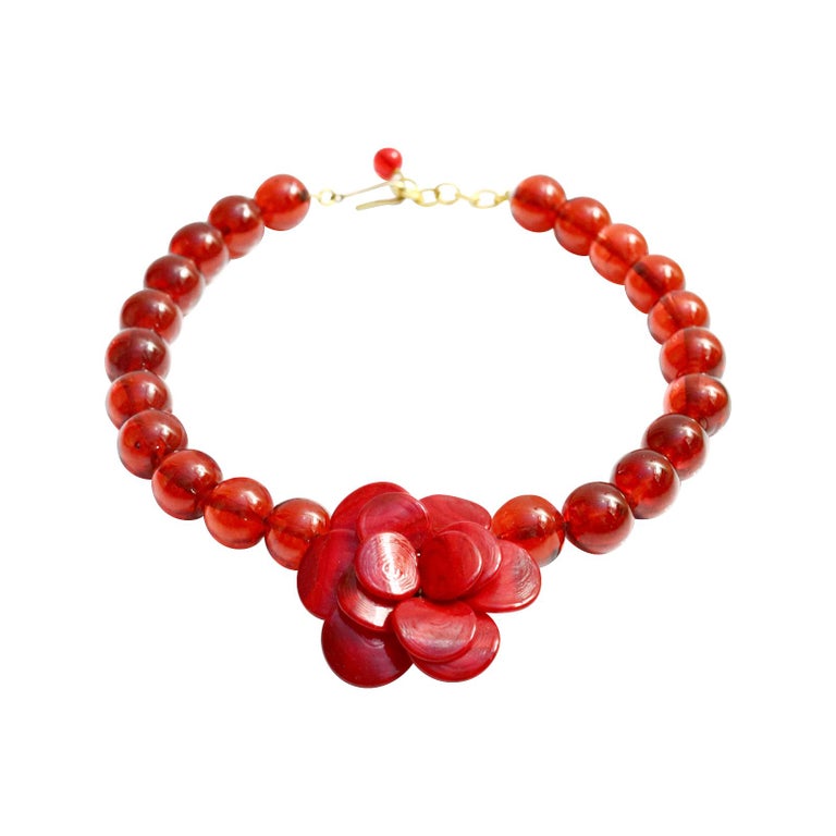 Artist Vintage Gripoix Red Beads and MDV Paris Wooden Flower Necklace For Sale