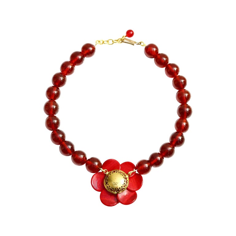 Vintage Gripoix Red Beads and MDV Paris Wooden Flower Necklace In Excellent Condition For Sale In New York, NY