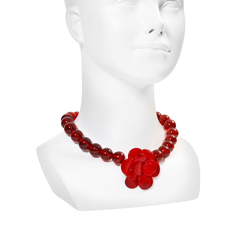 Vintage Gripoix Red Beads and MDV Paris Wooden Flower Necklace For Sale 3
