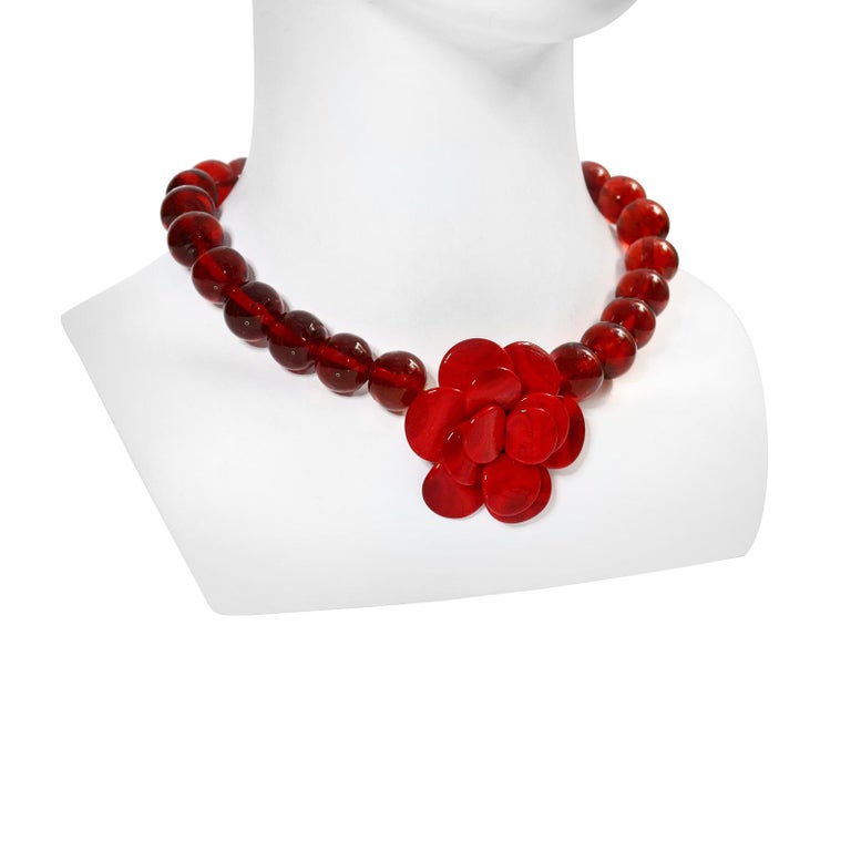 Vintage Gripoix Red Beads and MDV Paris Wooden Flower Necklace For Sale 4