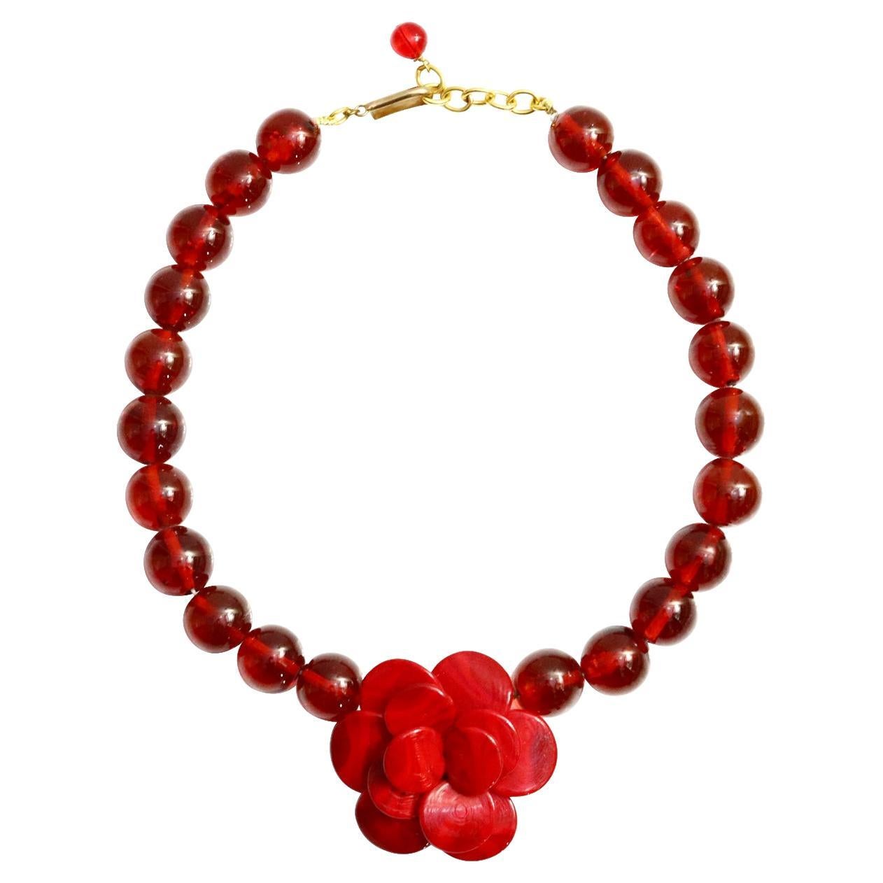 Vintage Gripoix Red Beads and MDV Paris Wooden Flower Necklace Circa 1980s
