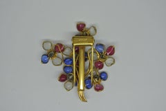 Vintage Gripoix Red Blue Poured Glass Flower Dressclip Brooch