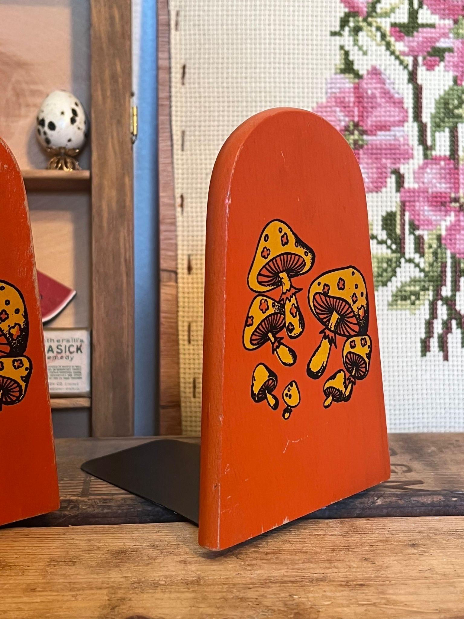 Wood Vintage Groovy Mushroom Bookends For Sale
