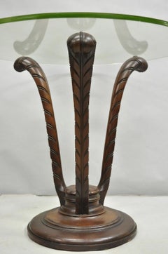 Vintage Grosfeld House Hollywood Regency Carved Mahogany Plume Round Side Table