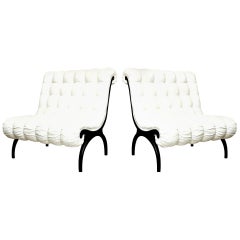 Vintage Grosfeld House Rare Wood Upholstered Lounge Chairs or Mini Settees Pair