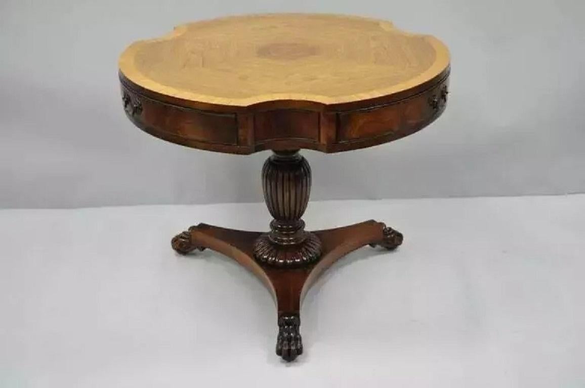Vintage Grosfeld House Regency Mahogany & Rosewood 3 Drawer Pedestal Drum Table For Sale 7