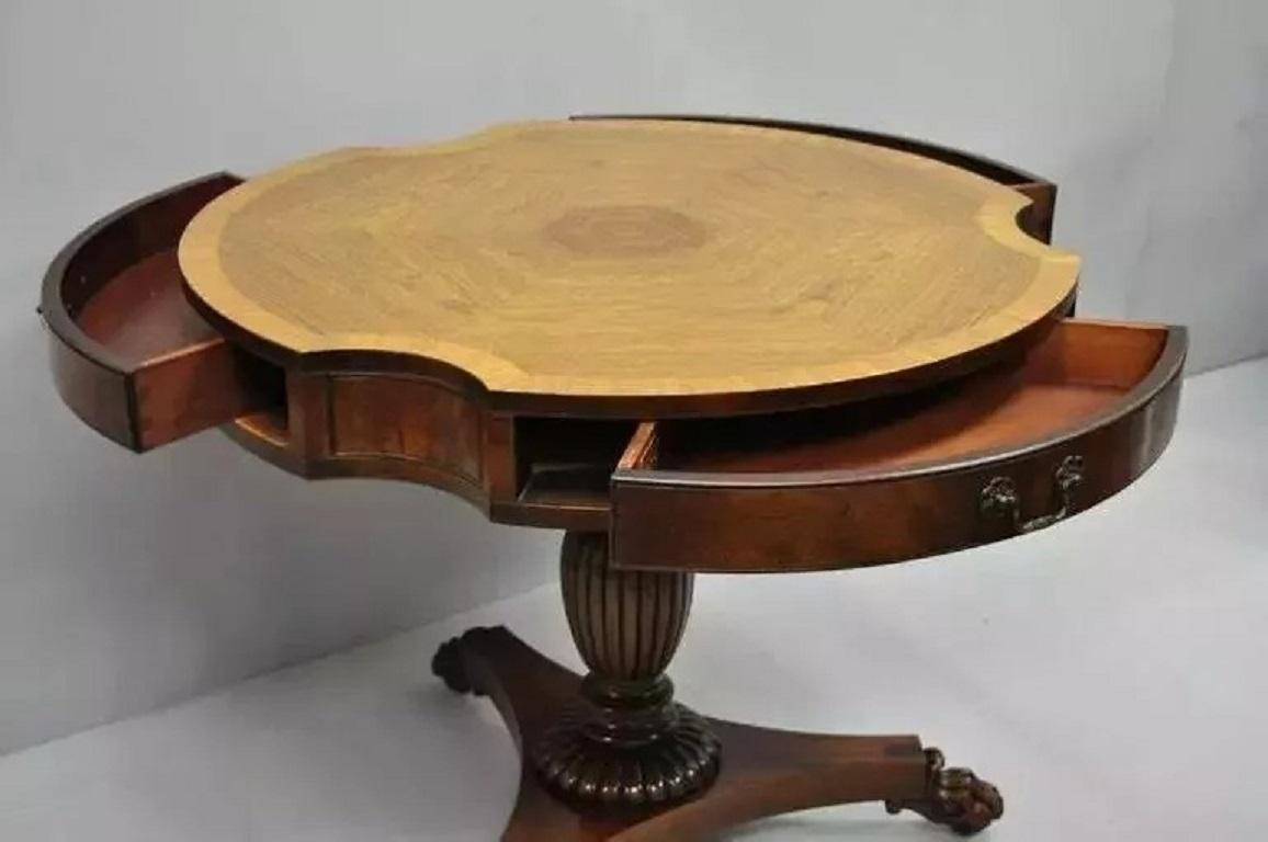 Unknown Vintage Grosfeld House Regency Mahogany & Rosewood 3 Drawer Pedestal Drum Table For Sale