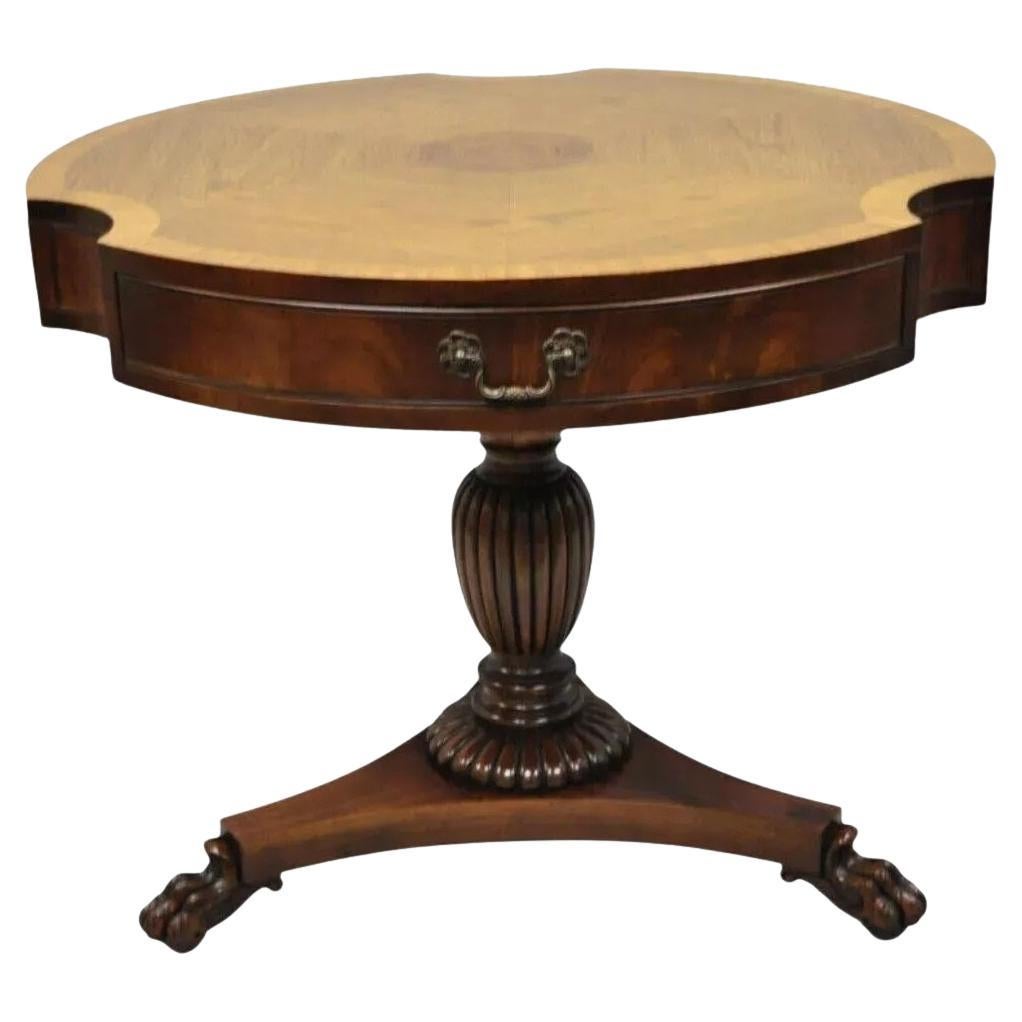 Mesa de tambor de 3 cajones con pedestal de caoba y palisandro Vintage Grosfeld House Regency