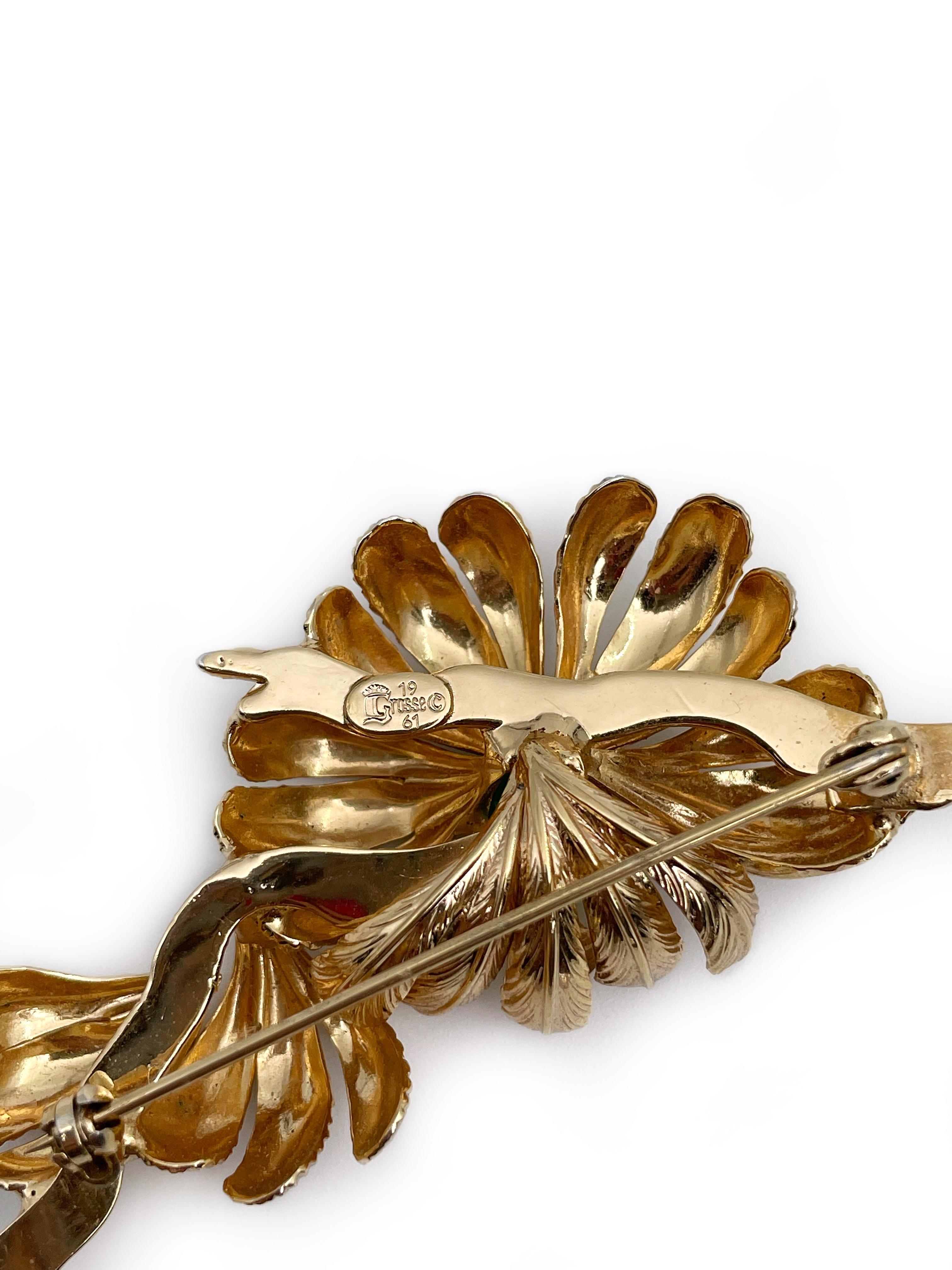 Vintage Grosse Gold Tone Green Glass Flower Pin Brooch 1
