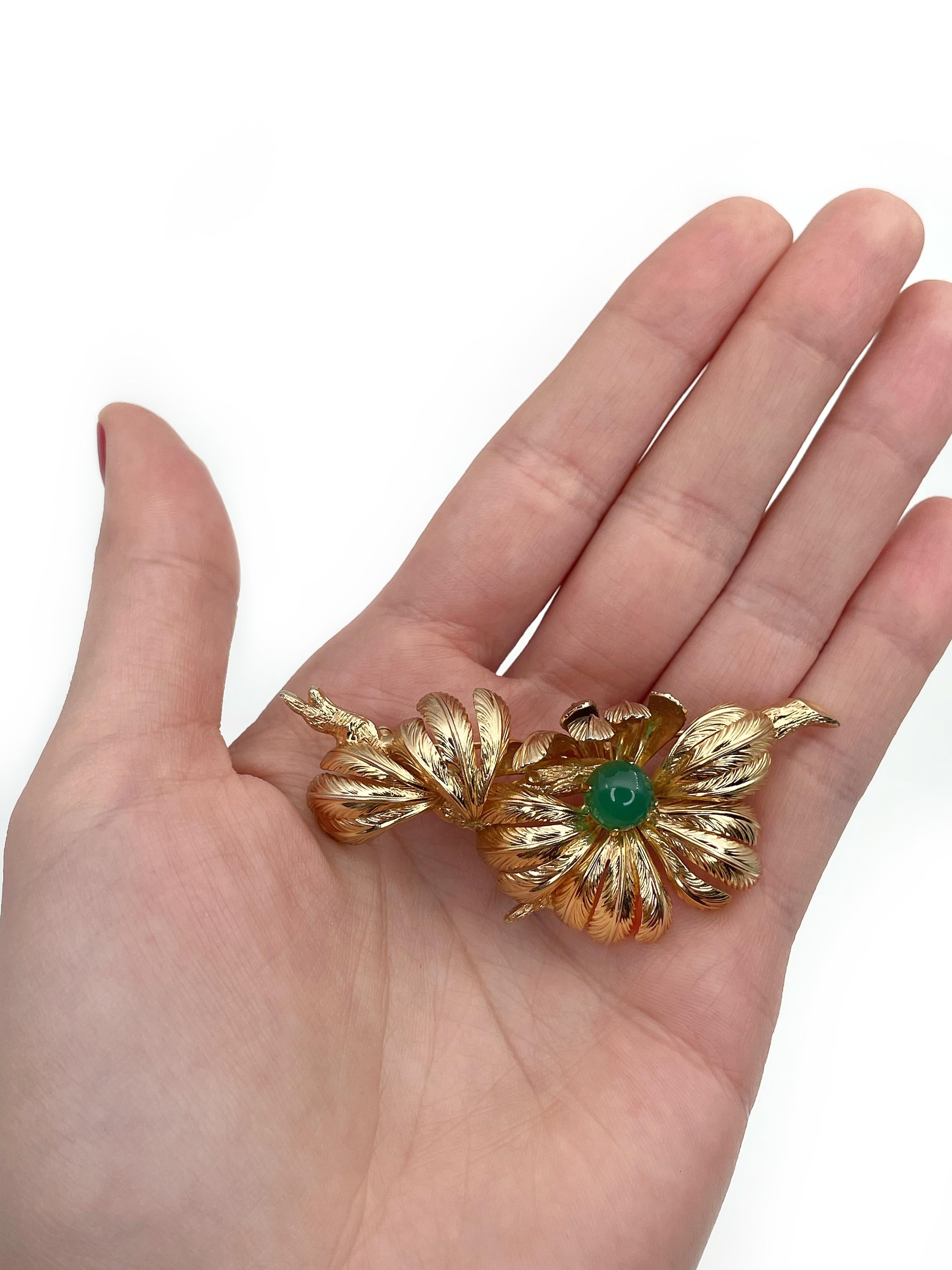 Vintage Grosse Gold Tone Green Glass Flower Pin Brooch 2