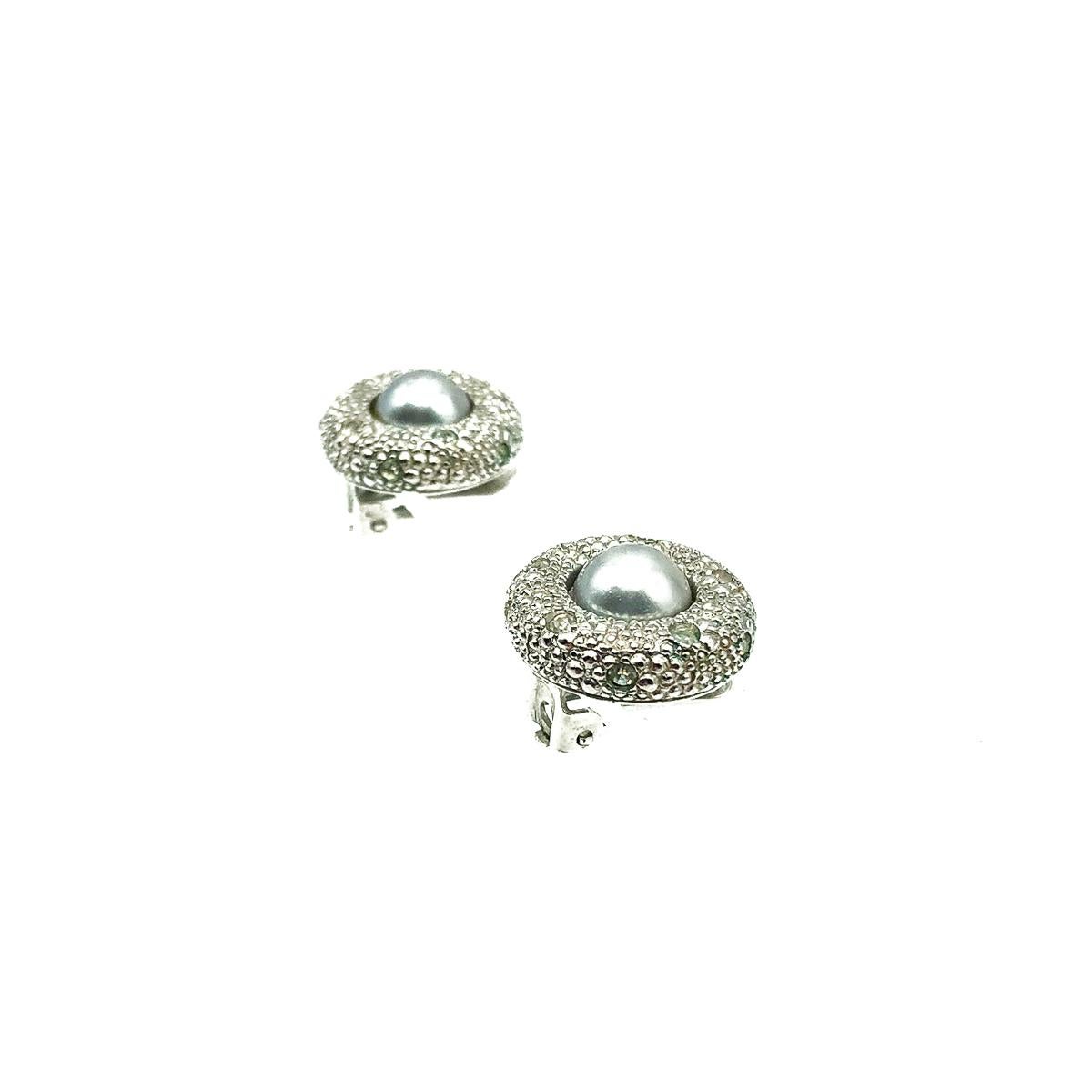 Perfect Vintage Grosse Grey Pearl Earrings. Crafted in rhodium plated metal, set with crystals and a grey simulated pearl centre. In very good vintage condition without damage or repair, signed, approx. 1.4 cms. The perfect chic statement to team