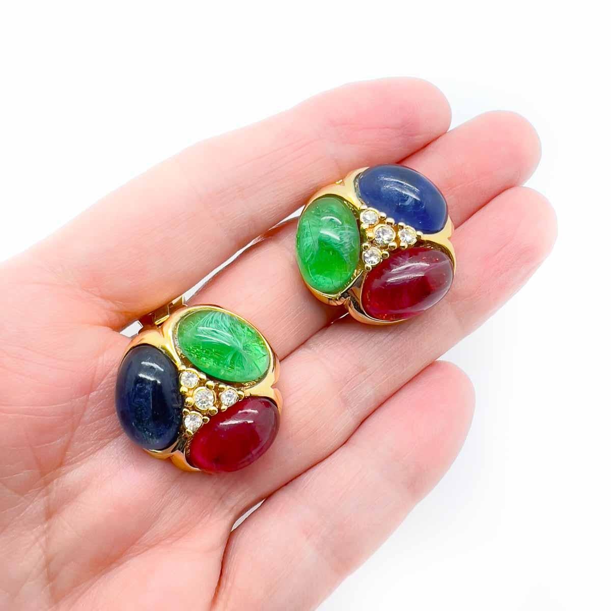 Vintage Grossé Jewelled Cabochon Earrings 1980s In Good Condition For Sale In Wilmslow, GB