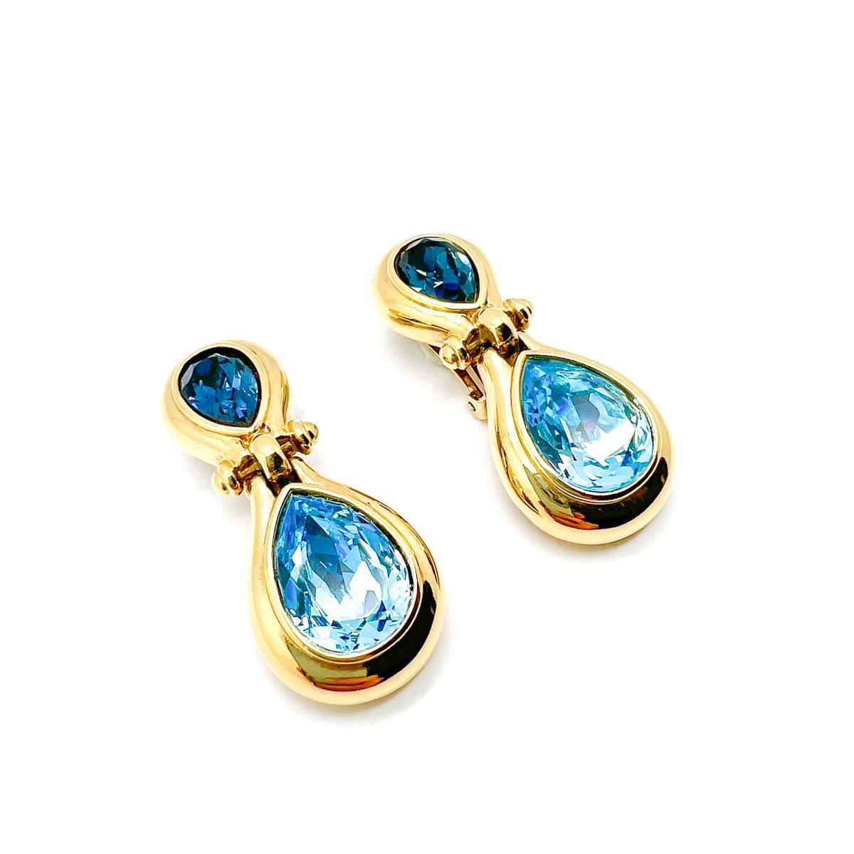 Women's Vintage Grosse Sapphire & Aqua Crystal Droplet Earrings 1980s For Sale
