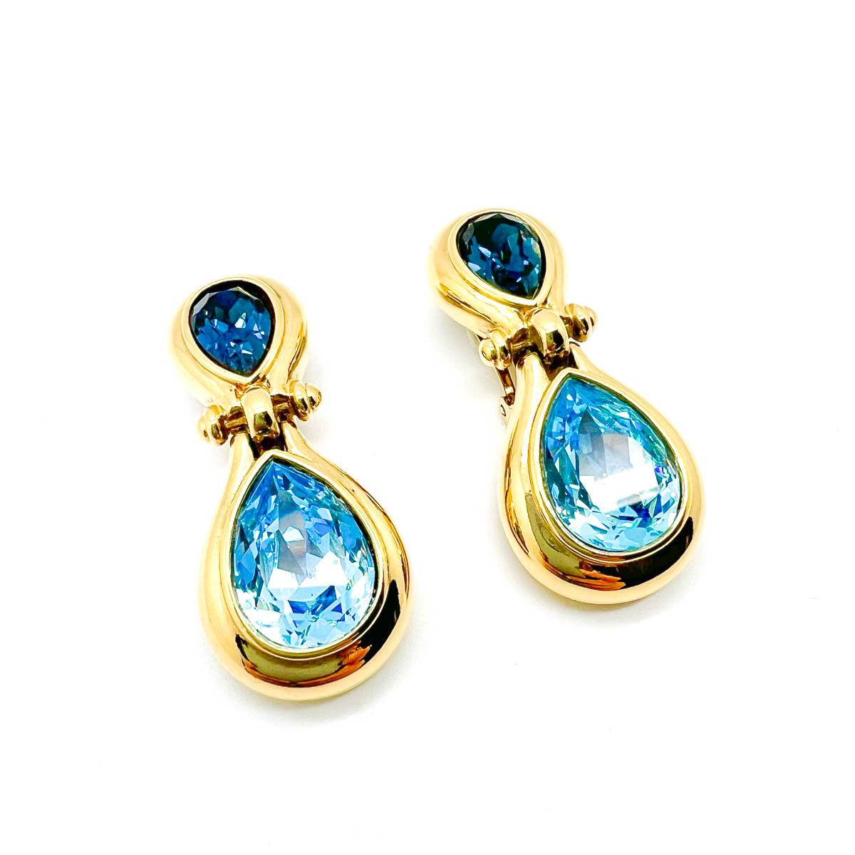 Vintage Grosse Sapphire & Aqua Crystal Droplet Earrings 1980s For Sale 1