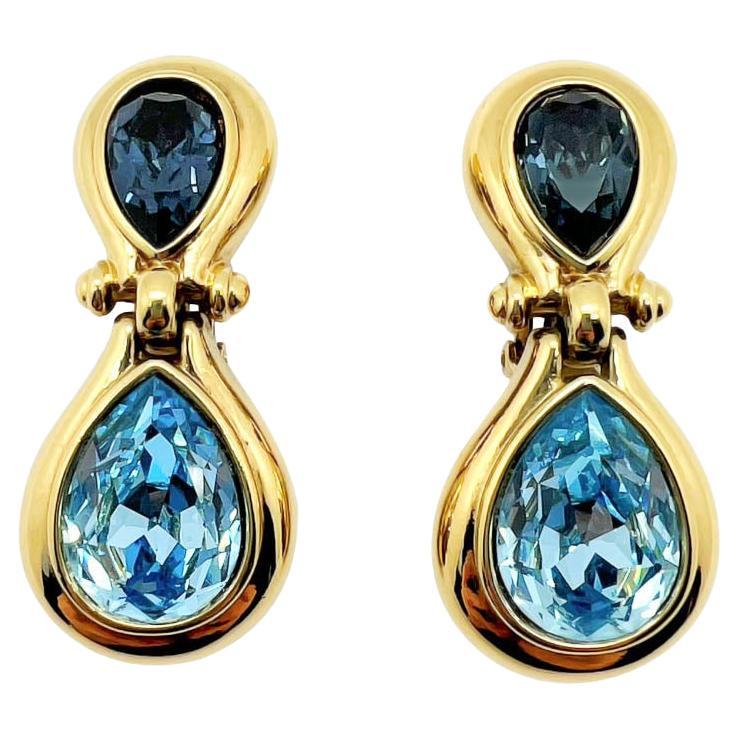 Vintage Grosse Sapphire & Aqua Crystal Droplet Earrings 1980s For Sale