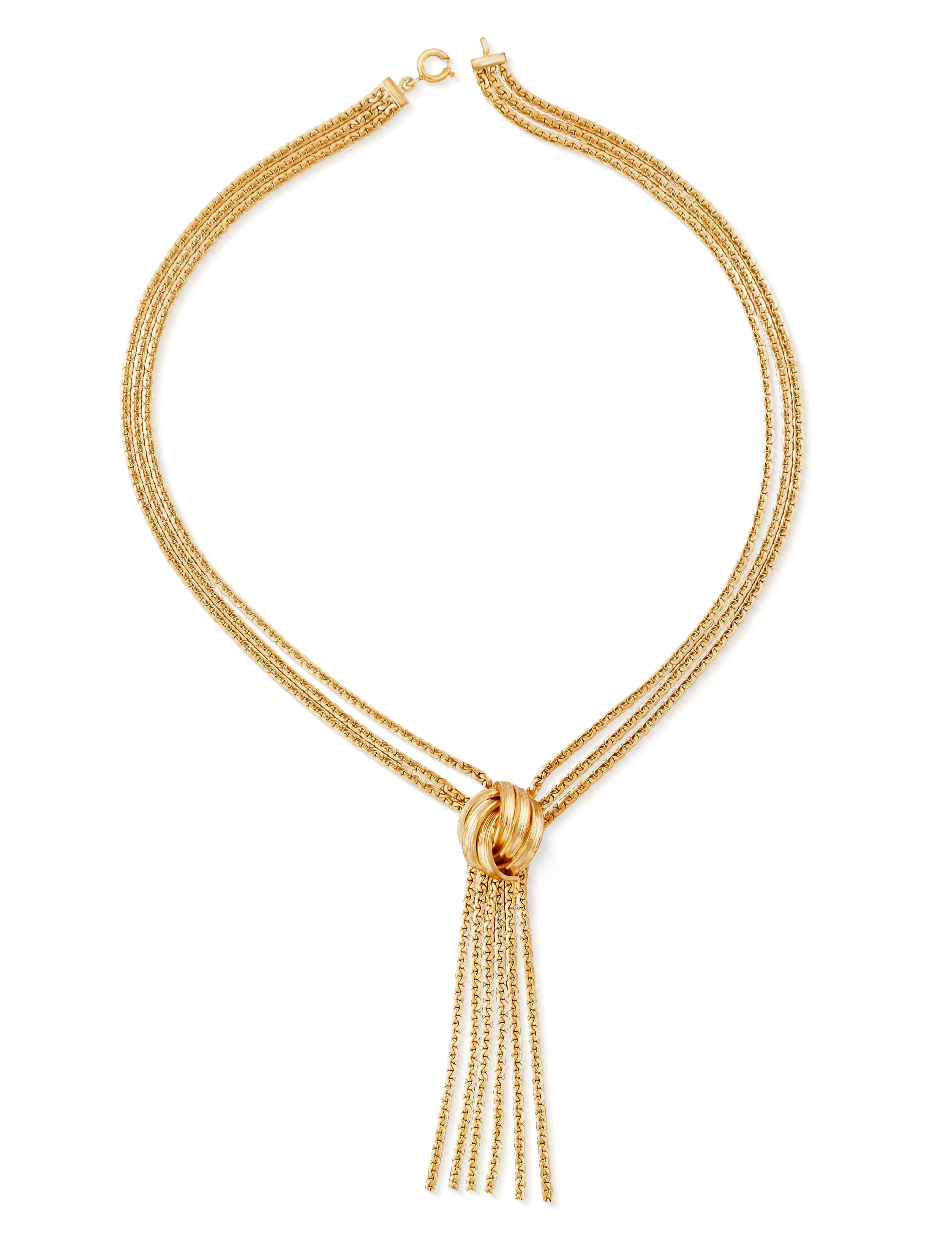 Vintage 1962 Grosse multi-chain tassel necklace in gold plate.  This elegant heritage necklace comprises three separate chains draped on each side and pulled together by a decorative knot to form a tassel.  The necklace sits on the neck at a 16 inch