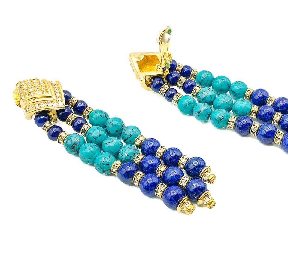 Vintage Grosse Turquoise & Lapis Tassle Statement Earrings 1970s In Good Condition For Sale In Wilmslow, GB