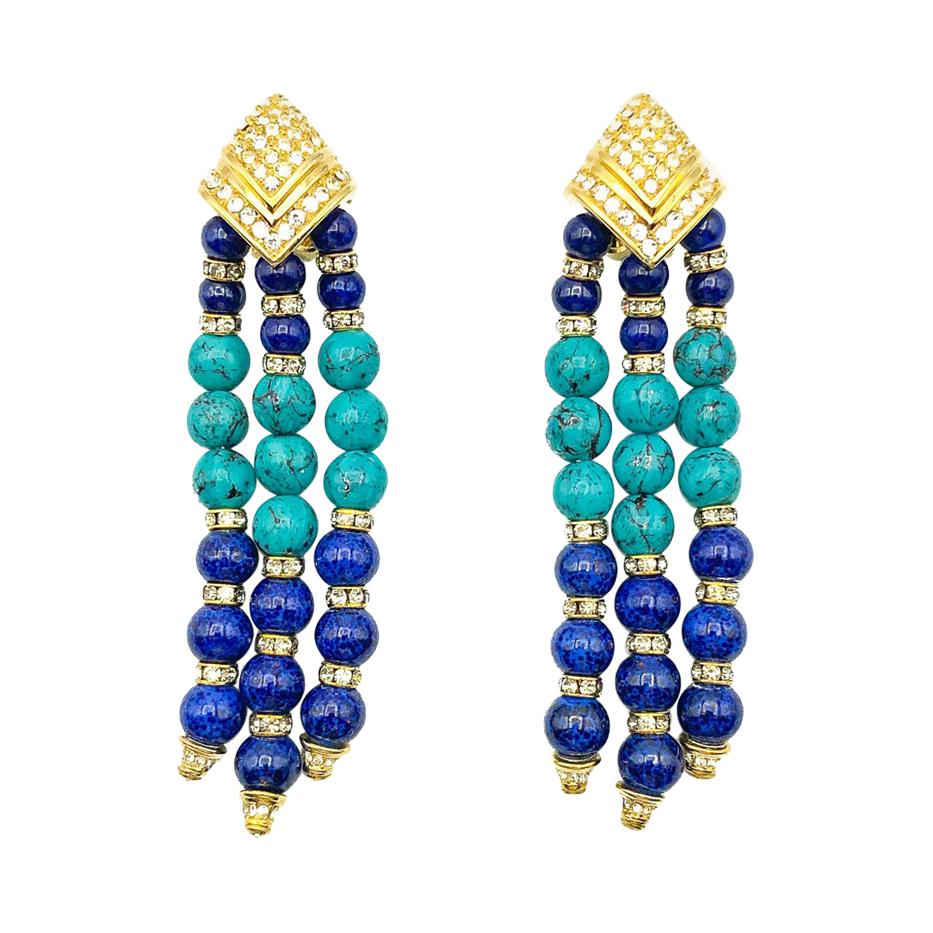 Vintage Grosse Turquoise & Lapis Tassle Statement Earrings 1970s