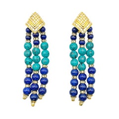 Boucles d'oreilles Grosse Turquoise & Lapis avec houppe Vintage 1970