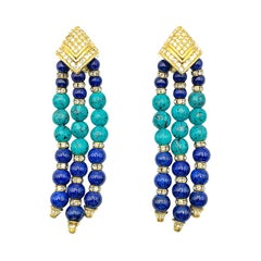 Boucles d'oreilles Grosse Turquoise & Lapis avec houppe Vintage 1970