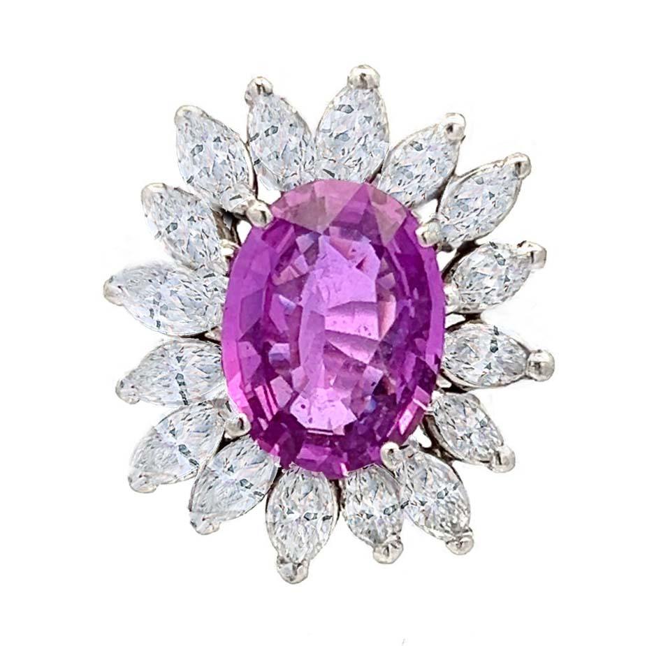 Retro Certified Pink Sapphire Gemstone and Diamond Cocktail Ring For Sale