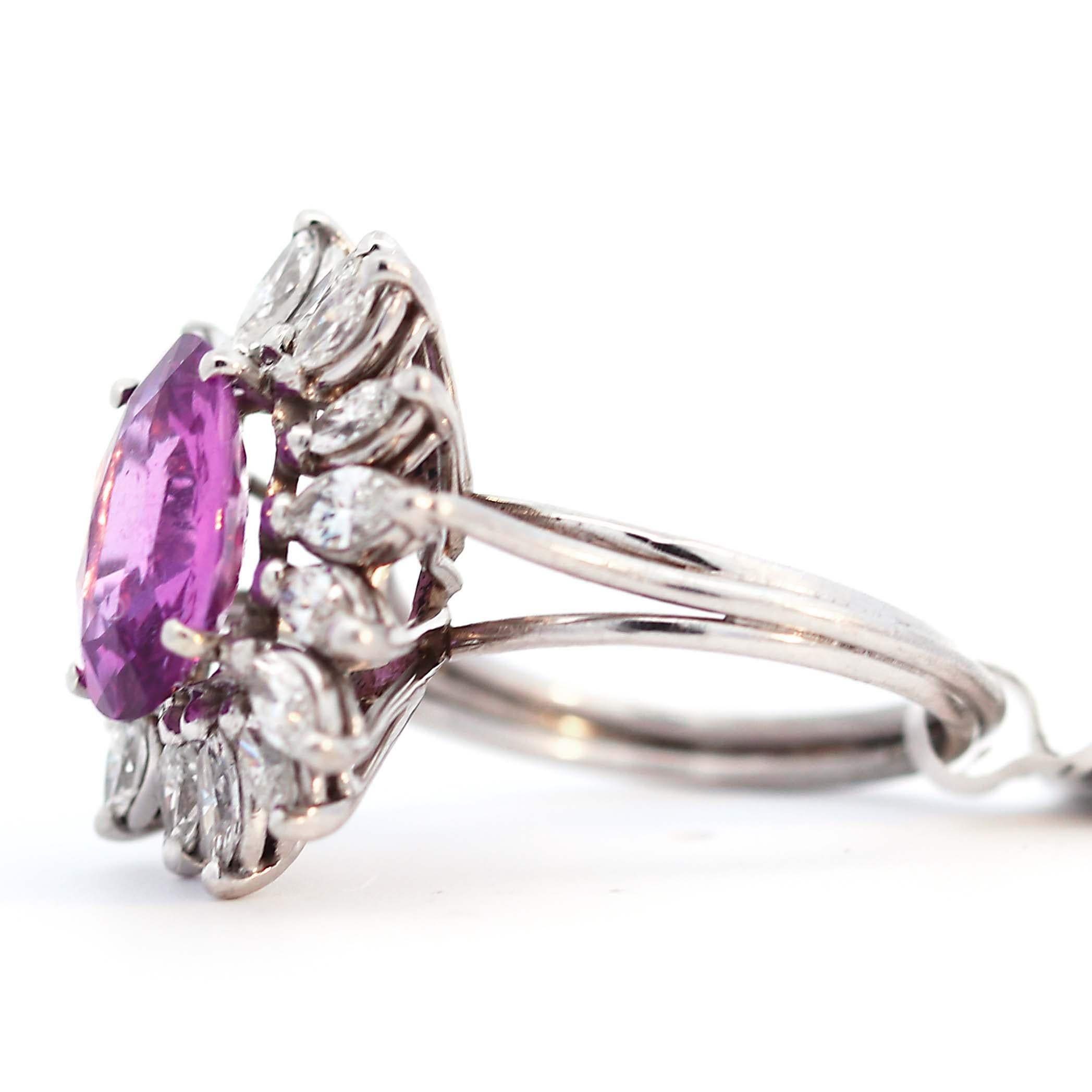 Women's Vintage GRS Certified Pink Sapphire Diamond Halo Ring For Sale
