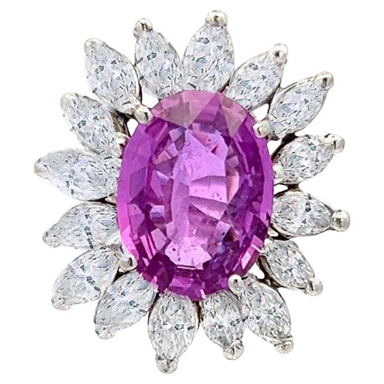Vintage GRS Certified Pink Sapphire Diamond Halo Ring For Sale