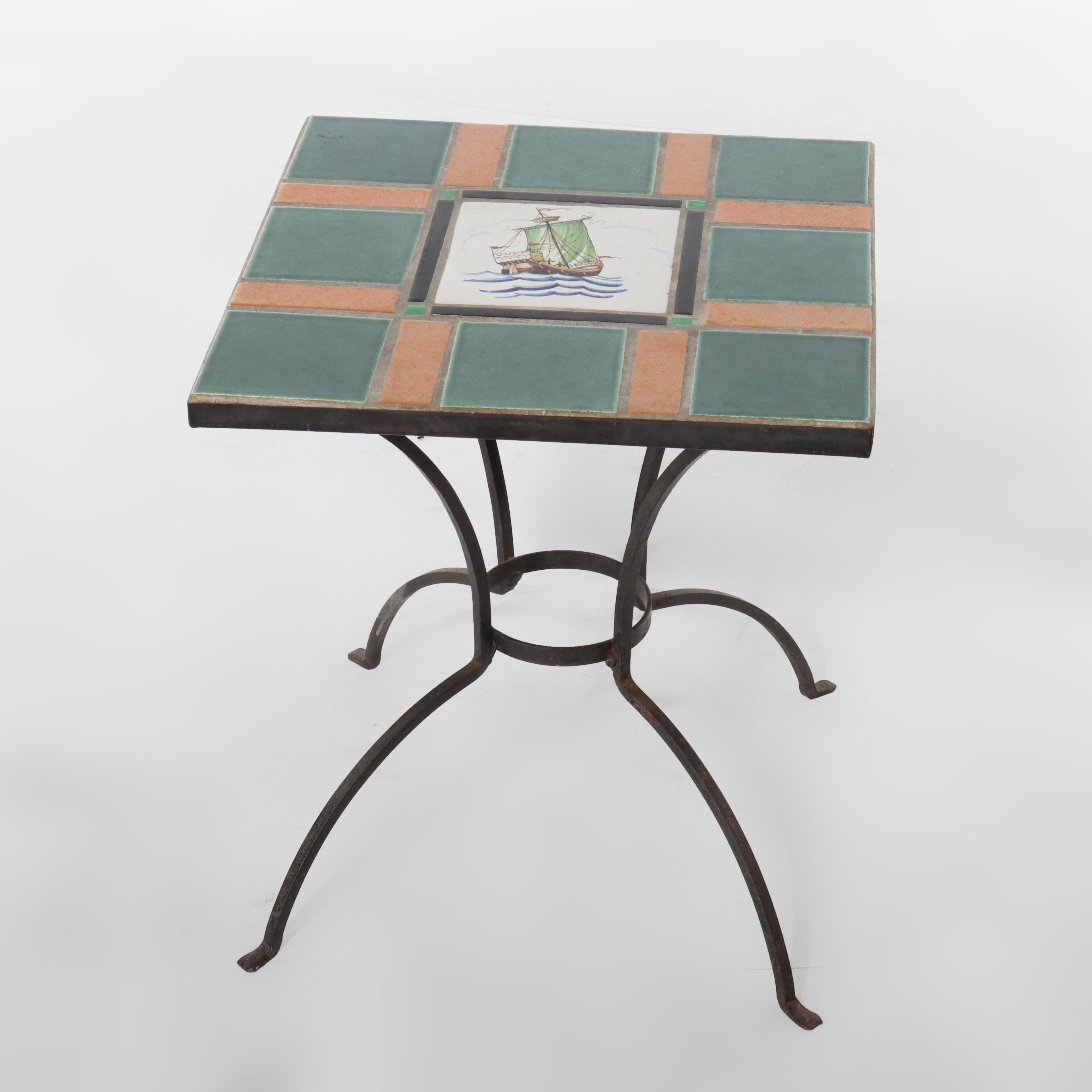 Arts and Crafts Vintage By School Arts & Crafts Wrought Iron Tile Top Table c1920 en vente