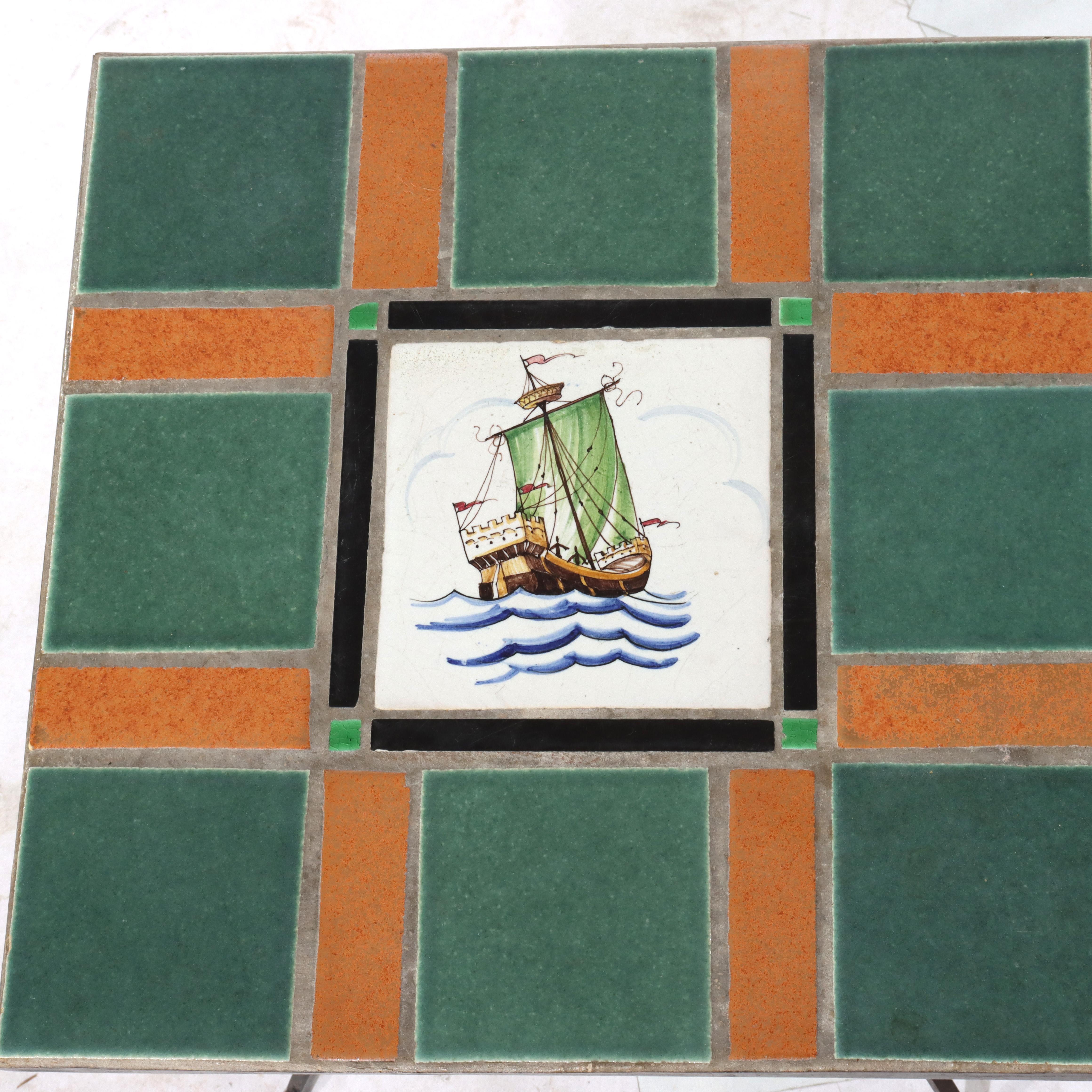 Vintage By School Arts & Crafts Wrought Iron Tile Top Table c1920 Bon état - En vente à Big Flats, NY
