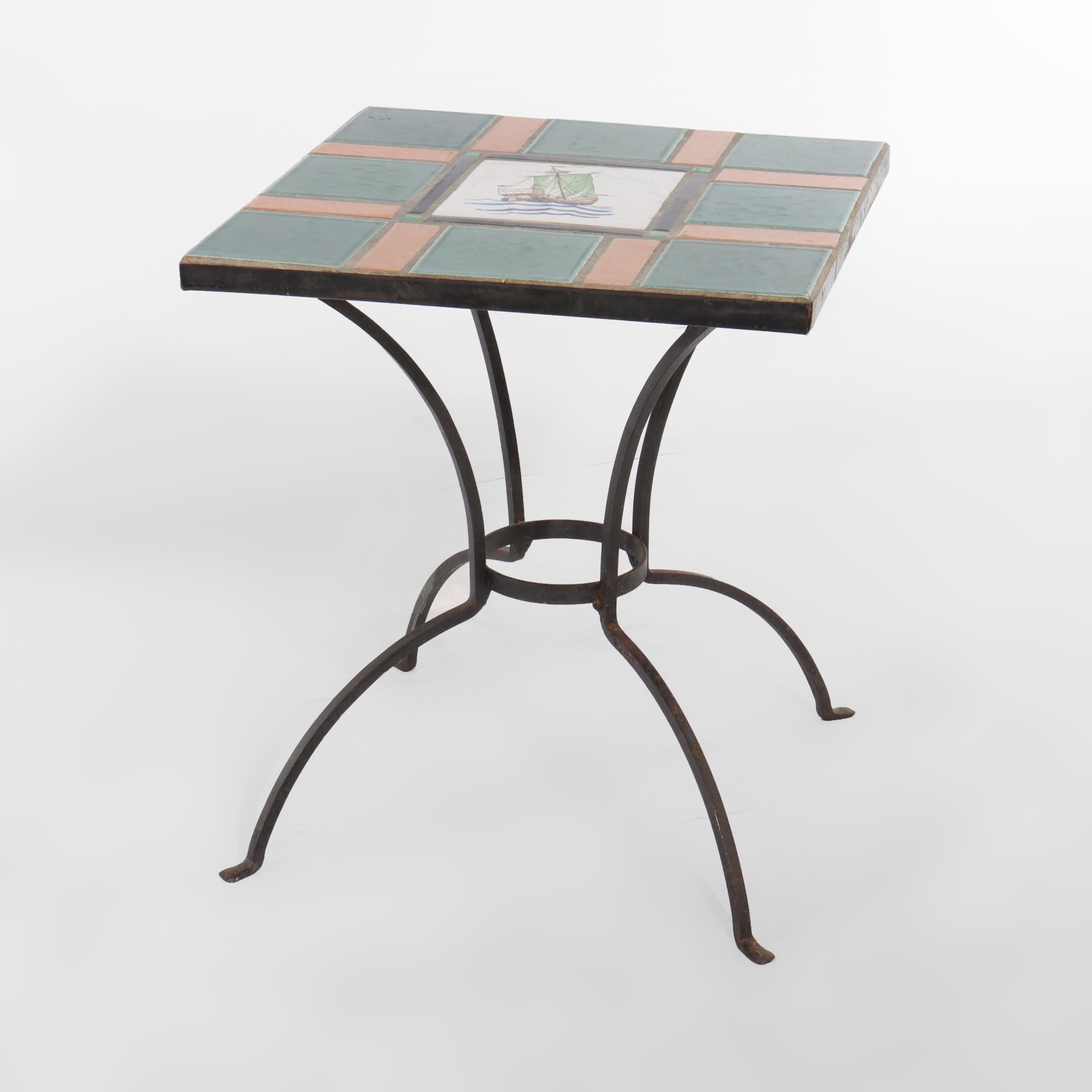 20ième siècle Vintage By School Arts & Crafts Wrought Iron Tile Top Table c1920 en vente