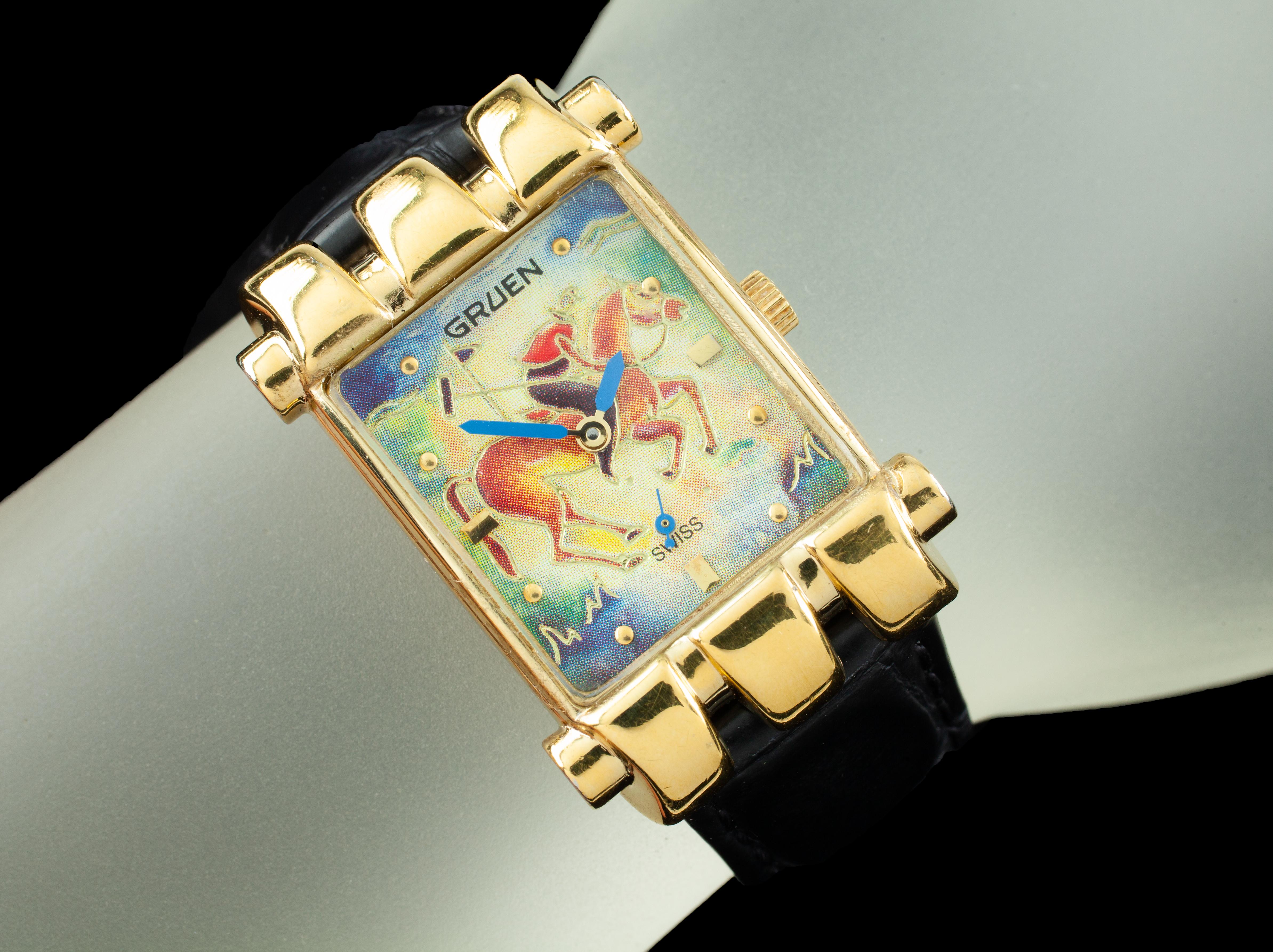 Quartz movement.
Case # 0198GR3182.
Weight: 34.9 grams.
Does not include the original box or paperwork.
This watch is guaranteed authentic.
One year warranty included with purchase.

Gold-plated rectangular art deco case.
Dimensions: 39 x 23
