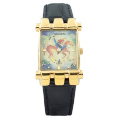 Vintage Gruen "The Polo Player" Gold-Plated Watch w/ Black Leather Band, 23 mm
