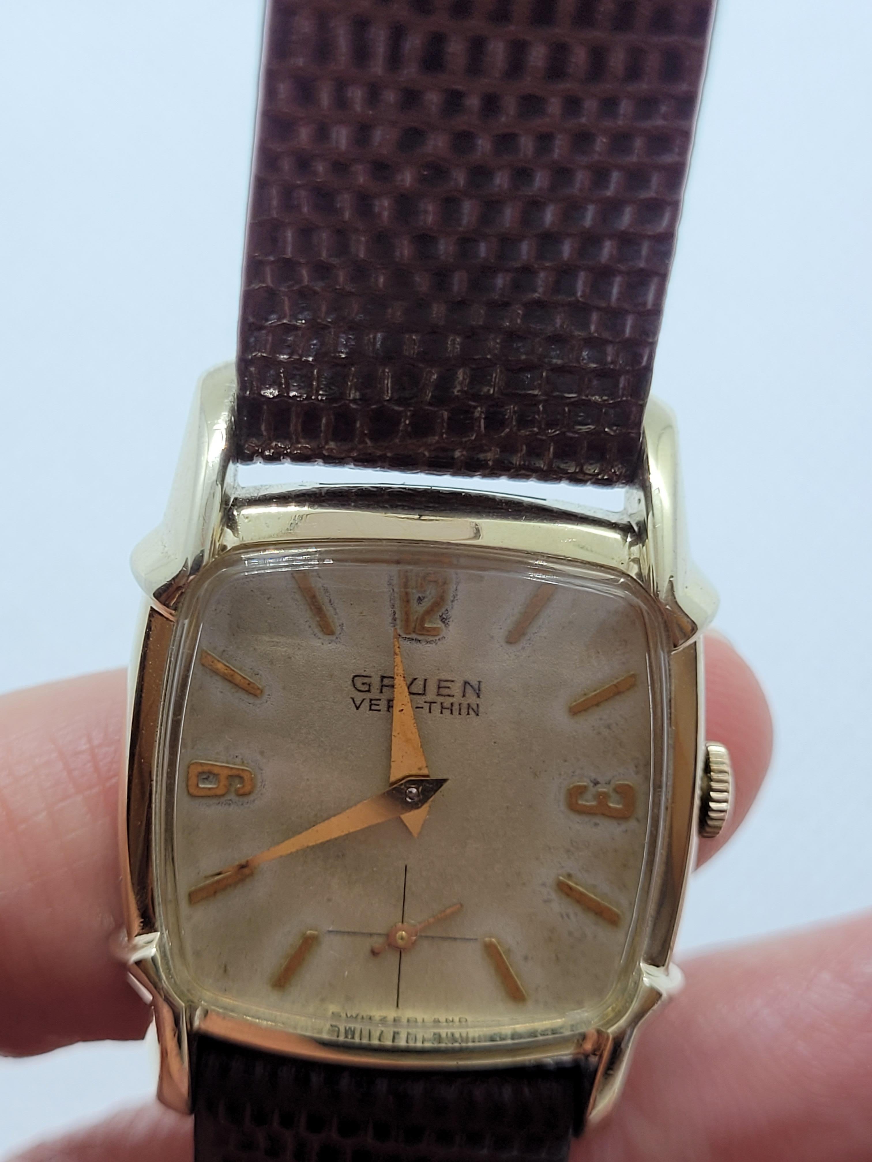 Art Deco Vintage Gruen Veri-Thin Square Watch Gold Plated Case Serviced Warranty