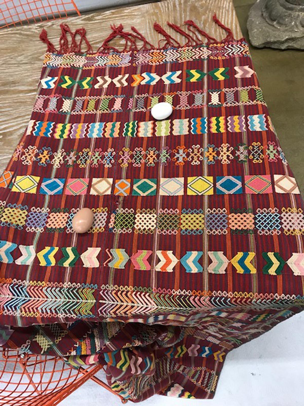 Vintage corte (skirt) from Guatemala. Fabric was handwoven on a back strap loom by indigenous Guatemalan women. Intricately hand embroidered with geometric designs. 
This example s is in excellent condition apart for one tiny hole. Long enough for